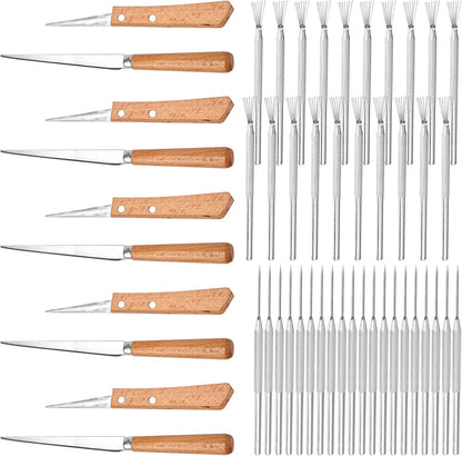 Fettling Knife and Sculpture Feather Pin Set, 10pcs Knife + 40pcs Pin Wooden Handle Carving Knife Ceramic Polymer Clay Pottery Tools for Pottery Sculpting Carving Modeling Craft Art DIY