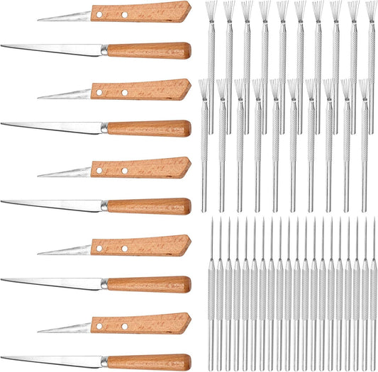 Fettling Knife and Sculpture Feather Pin Set, 10pcs Knife + 40pcs Pin Wooden Handle Carving Knife Ceramic Polymer Clay Pottery Tools for Pottery Sculpting Carving Modeling Craft Art DIY