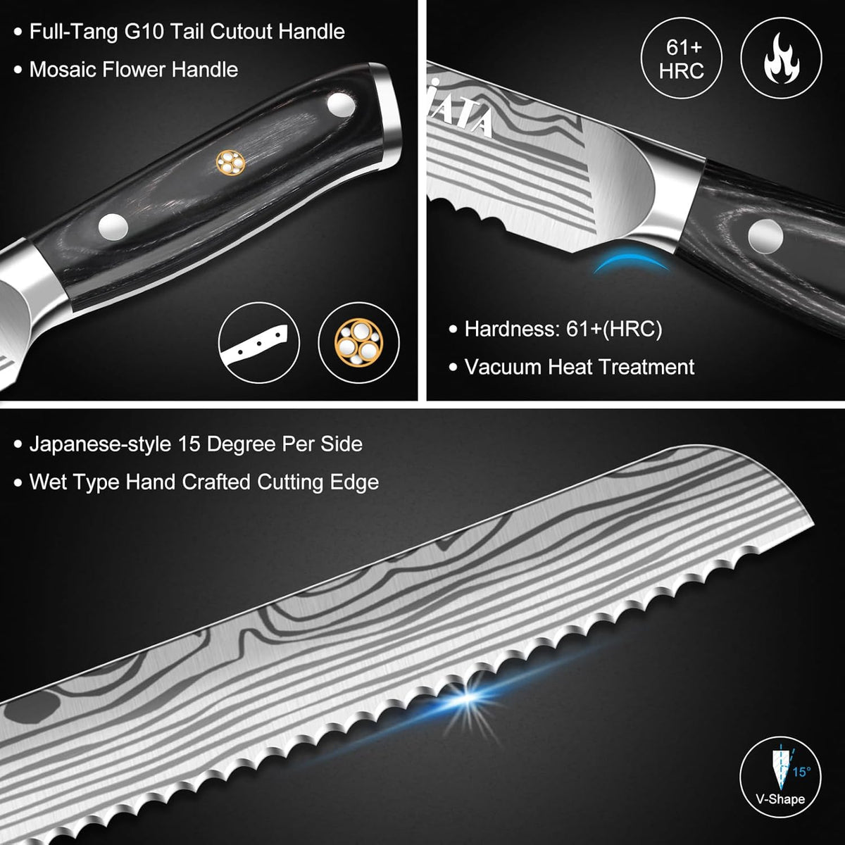 Bread Knife 10.5” Ultra Sharp Knife，Long Serrations Glide Through Bread, Authentic, Handcrafted, Japanese Serrated Kitchen Knife