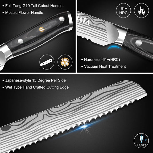 Bread Knife 10.5” Ultra Sharp Knife，Long Serrations Glide Through Bread, Authentic, Handcrafted, Japanese Serrated Kitchen Knife