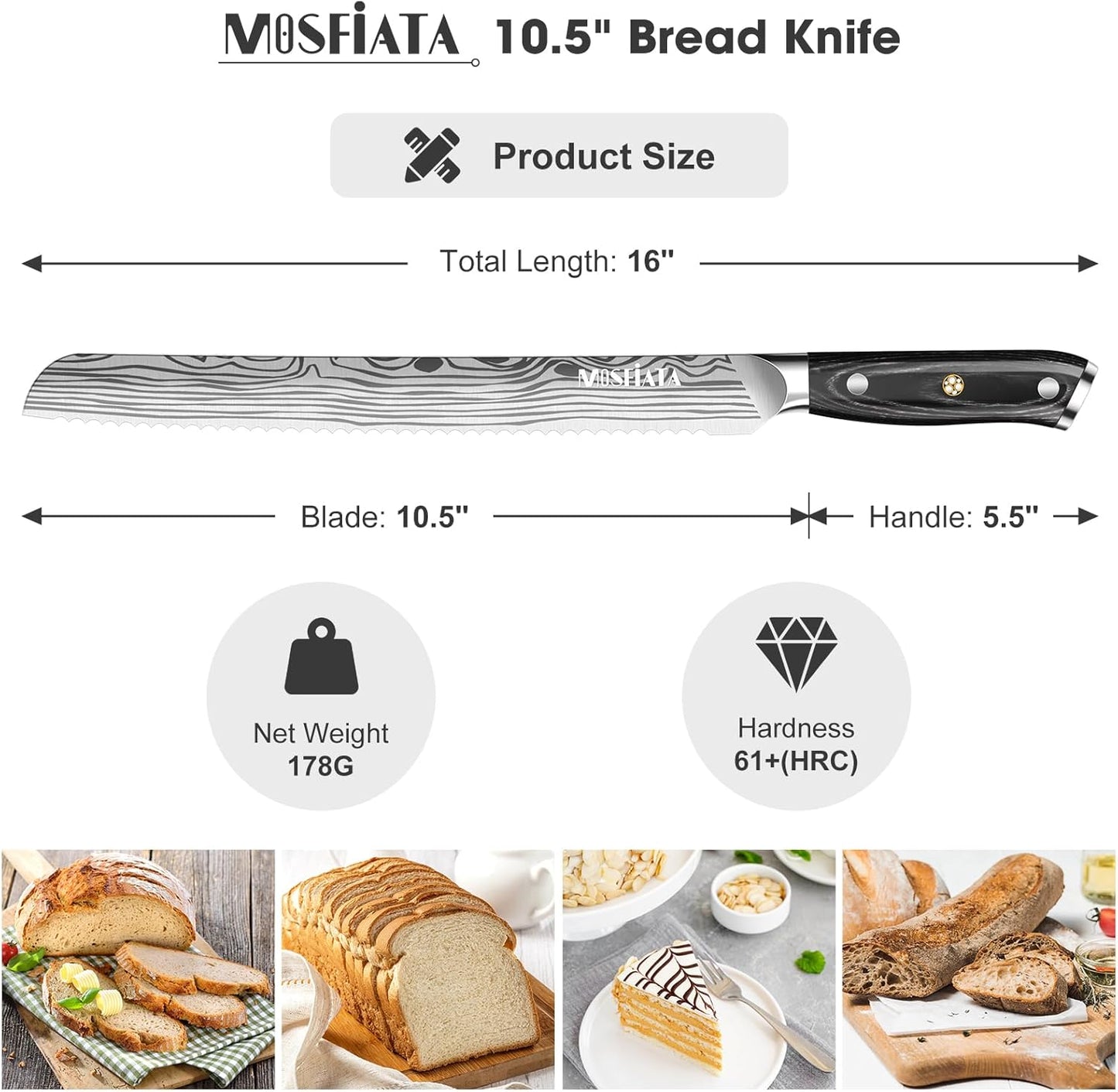 Bread Knife 10.5” Ultra Sharp Knife，Long Serrations Glide Through Bread, Authentic, Handcrafted, Japanese Serrated Kitchen Knife