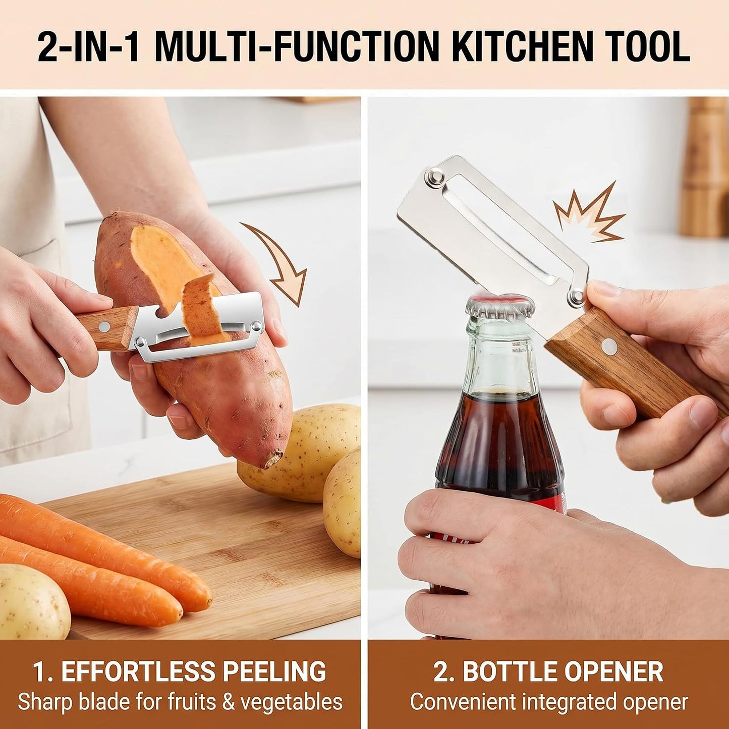 Multifunctional Vegetable Peeler with Bottle Opener, Wood Handle Stainless Steel Peeler Knife, 2 in 1 Vegetable and Fruit Peeler & Kitchen Tool for Potato, Pumpkin, Apple, Papaya, Carrot, Sugarcane