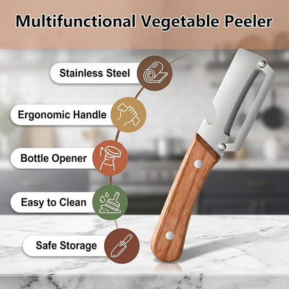 Multifunctional Vegetable Peeler with Bottle Opener, Wood Handle Stainless Steel Peeler Knife, 2 in 1 Vegetable and Fruit Peeler & Kitchen Tool for Potato, Pumpkin, Apple, Papaya, Carrot, Sugarcane