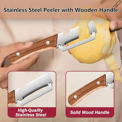 Multifunctional Vegetable Peeler with Bottle Opener, Wood Handle Stainless Steel Peeler Knife, 2 in 1 Vegetable and Fruit Peeler & Kitchen Tool for Potato, Pumpkin, Apple, Papaya, Carrot, Sugarcane