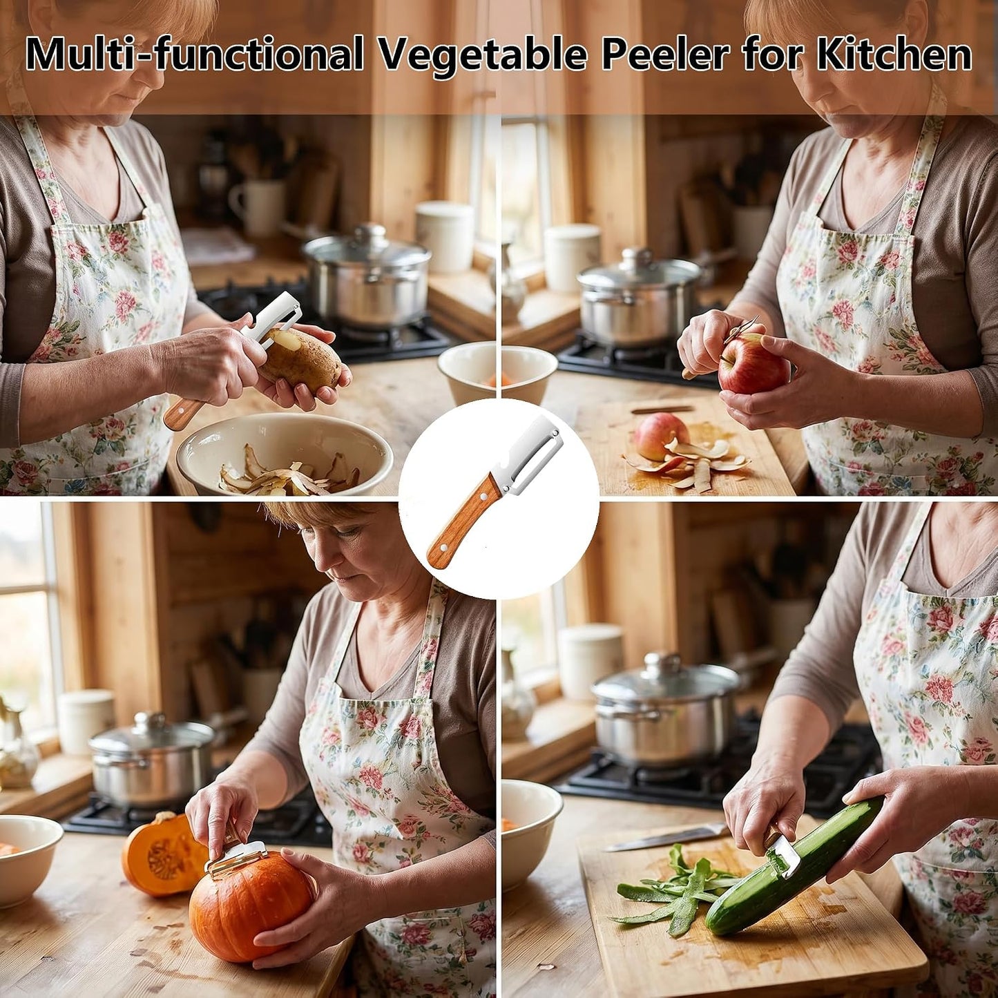 Multifunctional Vegetable Peeler with Bottle Opener, Wood Handle Stainless Steel Peeler Knife, 2 in 1 Vegetable and Fruit Peeler & Kitchen Tool for Potato, Pumpkin, Apple, Papaya, Carrot, Sugarcane