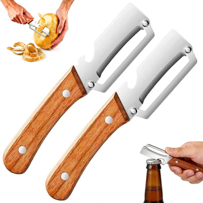 Multifunctional Vegetable Peeler with Bottle Opener, Wood Handle Stainless Steel Peeler Knife, 2 in 1 Vegetable and Fruit Peeler & Kitchen Tool for Potato, Pumpkin, Apple, Papaya, Carrot, Sugarcane