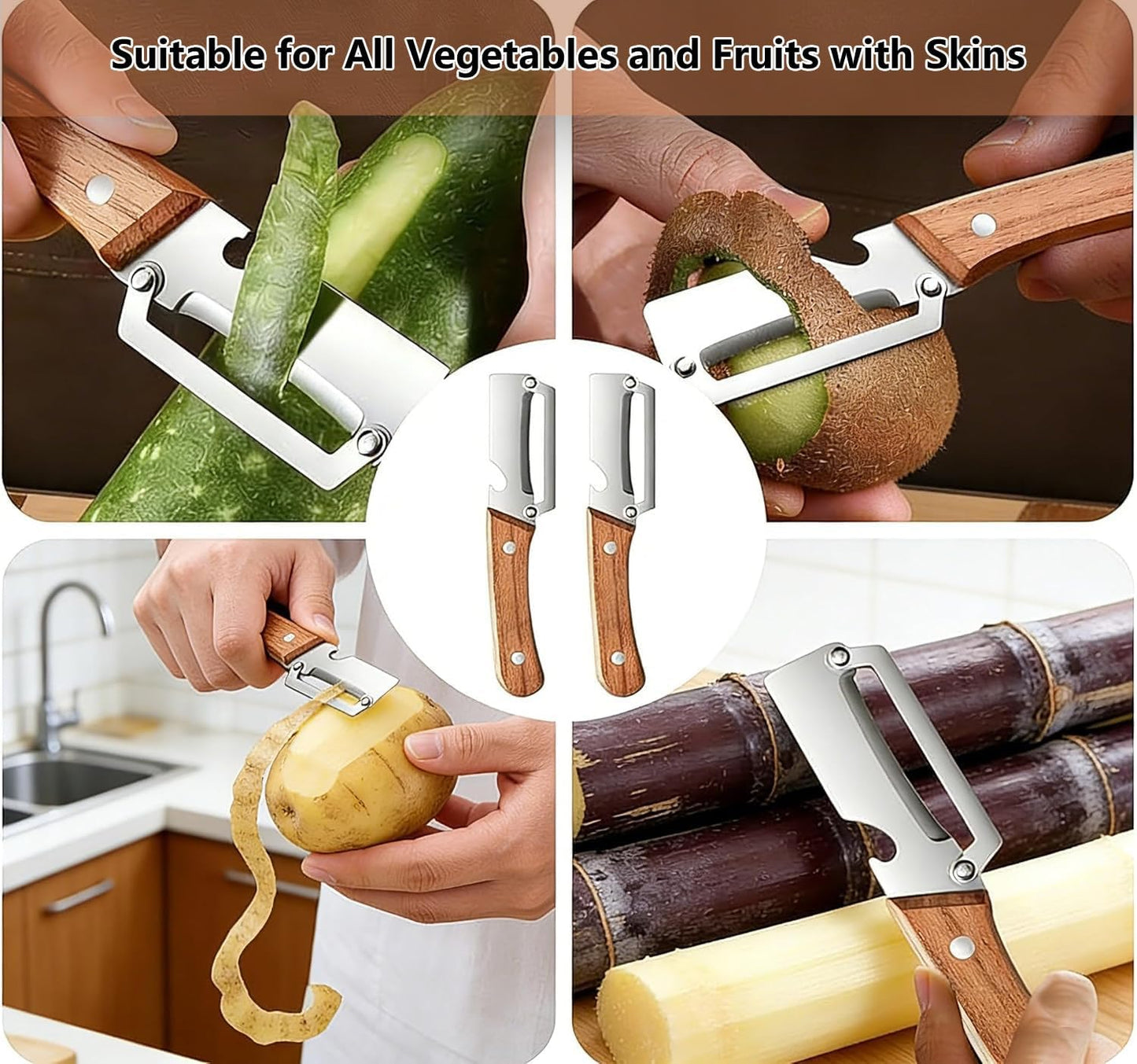Multifunctional Vegetable Peeler with Bottle Opener, Wood Handle Stainless Steel Peeler Knife, 2 in 1 Vegetable and Fruit Peeler & Kitchen Tool for Potato, Pumpkin, Apple, Papaya, Carrot, Sugarcane