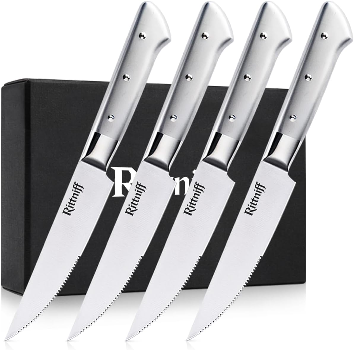 Steak Knives Set of 4, 5-Inch Serrated Stainless Steel Steak Knife Set with Wide Stainless Handle, Gift-Ready Box for Steak Night, BBQ, Housewarming & Wedding