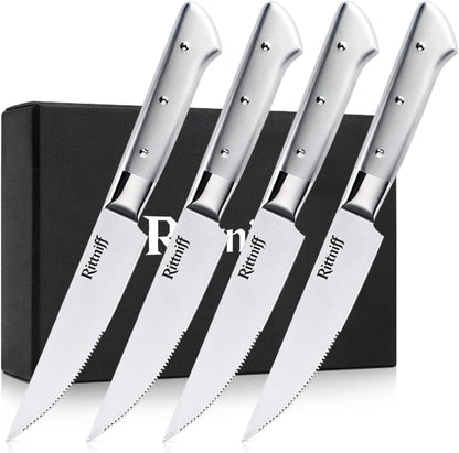 Steak Knives Set of 4, 5-Inch Serrated Stainless Steel Steak Knife Set with Wide Stainless Handle, Gift-Ready Box for Steak Night, BBQ, Housewarming & Wedding