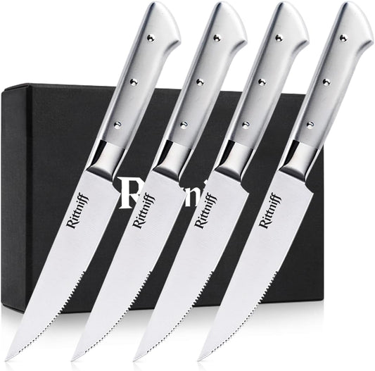 Steak Knives Set of 4, 5-Inch Serrated Stainless Steel Steak Knife Set with Wide Stainless Handle, Gift-Ready Box for Steak Night, BBQ, Housewarming & Wedding