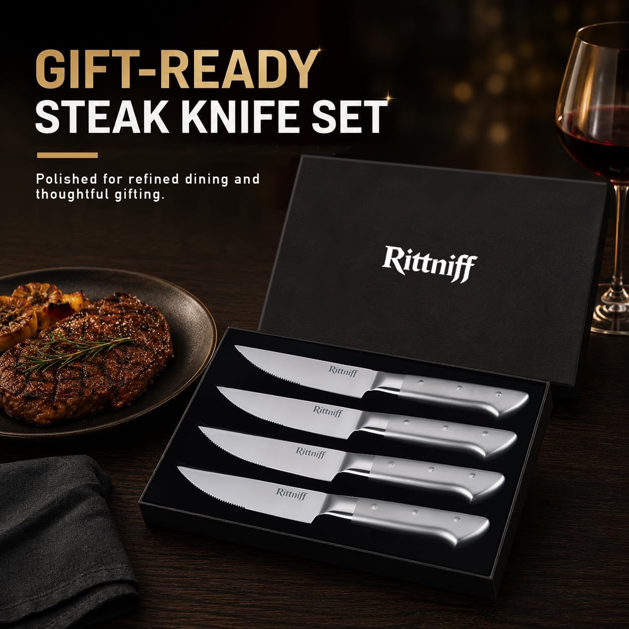 Steak Knives Set of 4, 5-Inch Serrated Stainless Steel Steak Knife Set with Wide Stainless Handle, Gift-Ready Box for Steak Night, BBQ, Housewarming & Wedding