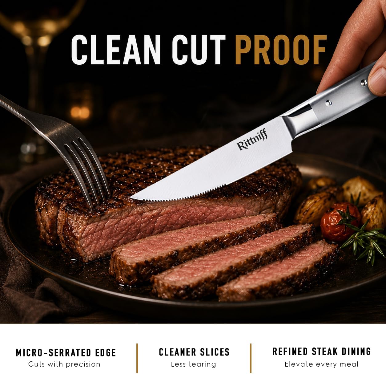 Steak Knives Set of 4, 5-Inch Serrated Stainless Steel Steak Knife Set with Wide Stainless Handle, Gift-Ready Box for Steak Night, BBQ, Housewarming & Wedding
