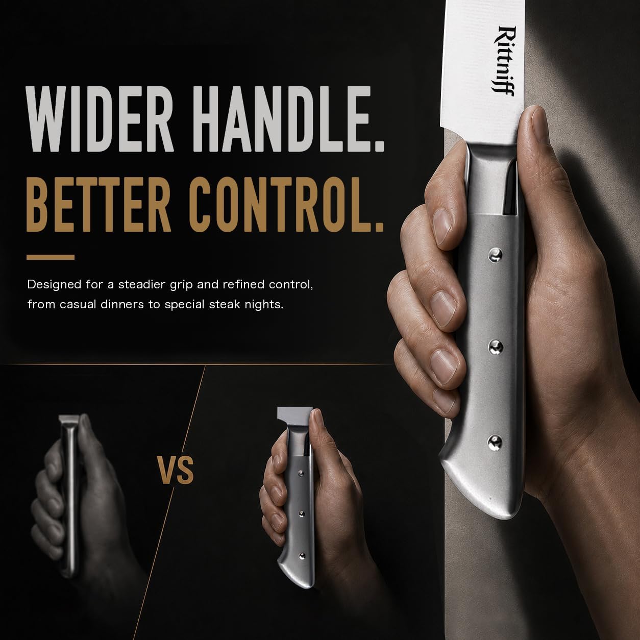 Steak Knives Set of 4, 5-Inch Serrated Stainless Steel Steak Knife Set with Wide Stainless Handle, Gift-Ready Box for Steak Night, BBQ, Housewarming & Wedding