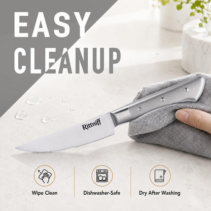 Steak Knives Set of 4, 5-Inch Serrated Stainless Steel Steak Knife Set with Wide Stainless Handle, Gift-Ready Box for Steak Night, BBQ, Housewarming & Wedding