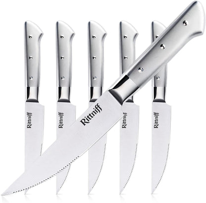 Steak Knives Set of 4, 5-Inch Serrated Stainless Steel Steak Knife Set with Wide Stainless Handle, Gift-Ready Box for Steak Night, BBQ, Housewarming & Wedding