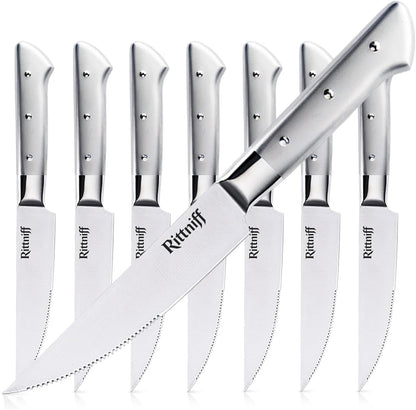 Steak Knives Set of 4, 5-Inch Serrated Stainless Steel Steak Knife Set with Wide Stainless Handle, Gift-Ready Box for Steak Night, BBQ, Housewarming & Wedding