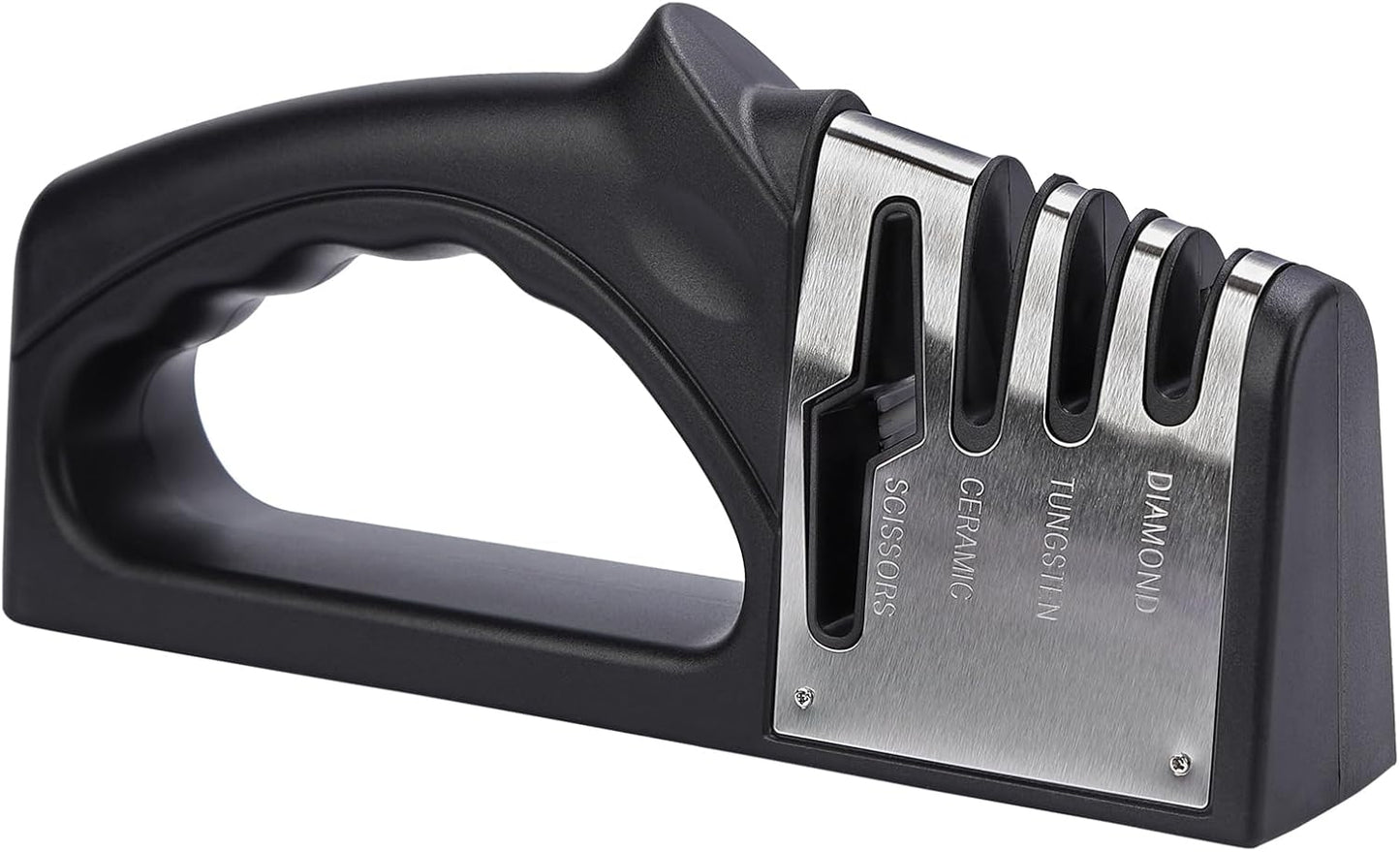 4-in-1Manual Knife Sharpener Suitable for kitchen knives, fruit knives, steel knives, scissors, and 3-level precision sharpening.Non slip base, suitable for home use (black) (1)