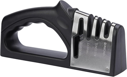 4-in-1Manual Knife Sharpener Suitable for kitchen knives, fruit knives, steel knives, scissors, and 3-level precision sharpening.Non slip base, suitable for home use (black) (1)
