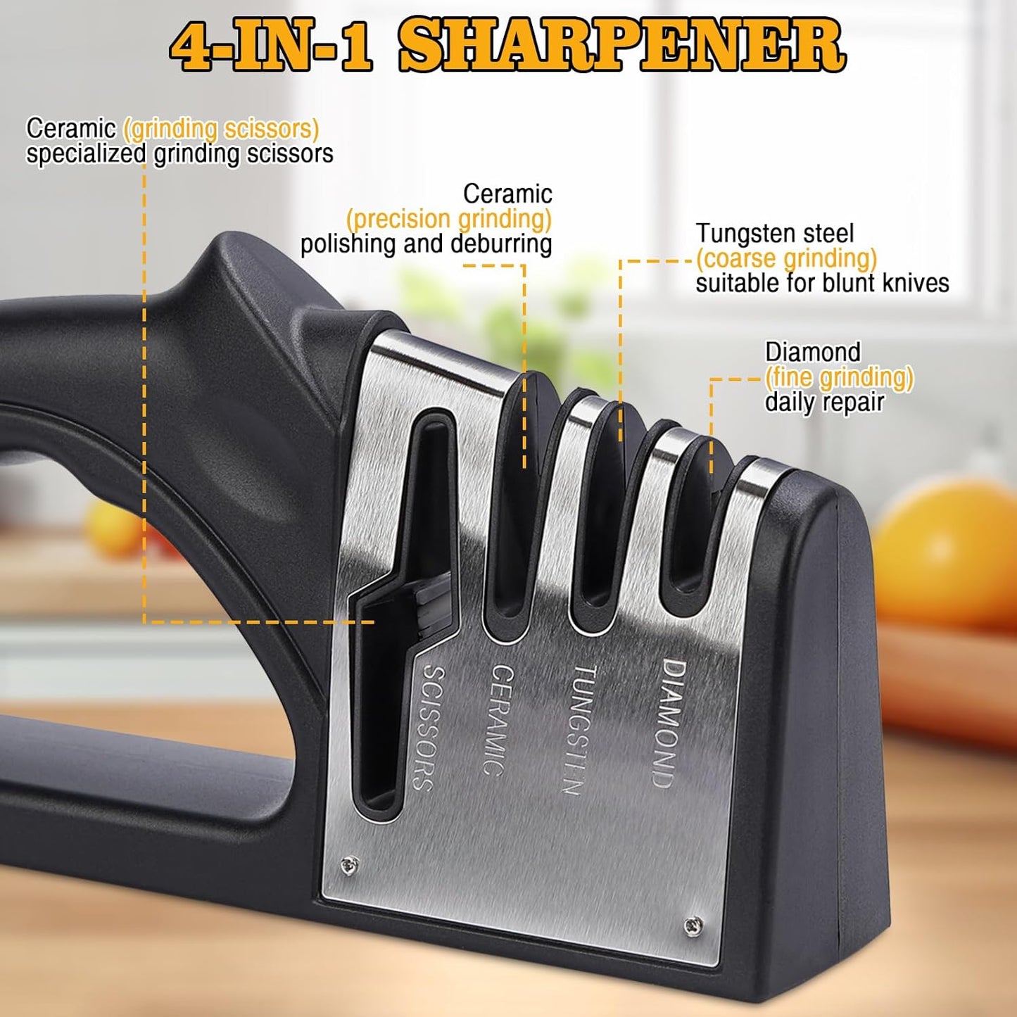 4-in-1Manual Knife Sharpener Suitable for kitchen knives, fruit knives, steel knives, scissors, and 3-level precision sharpening.Non slip base, suitable for home use (black) (1)