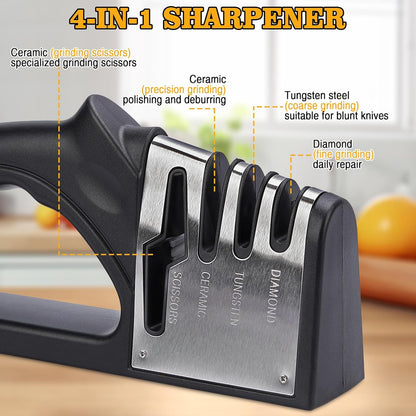 4-in-1Manual Knife Sharpener Suitable for kitchen knives, fruit knives, steel knives, scissors, and 3-level precision sharpening.Non slip base, suitable for home use (black) (1)