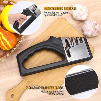 4-in-1Manual Knife Sharpener Suitable for kitchen knives, fruit knives, steel knives, scissors, and 3-level precision sharpening.Non slip base, suitable for home use (black) (1)