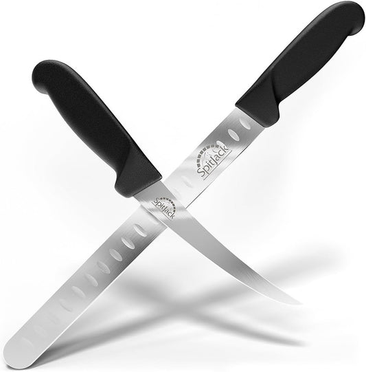 Smoked BBQ 6 Inch Curved Beef Brisket Trimming and Boning Knife and 11" Meat Slicing Knife Bundle. Stainless Steel.