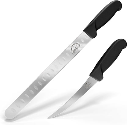 Smoked BBQ 6 Inch Curved Beef Brisket Trimming and Boning Knife and 11" Meat Slicing Knife Bundle. Stainless Steel.