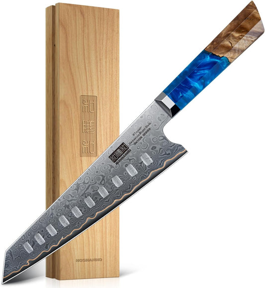 7" Damascus Santoku Knife, 67-Layer Damascus Kitchen Chef Knife | Ultra Sharp Professional Kitchen Knives with Ergonomic Blue Resin Stabilized Wood Handle and Wood Gift Box