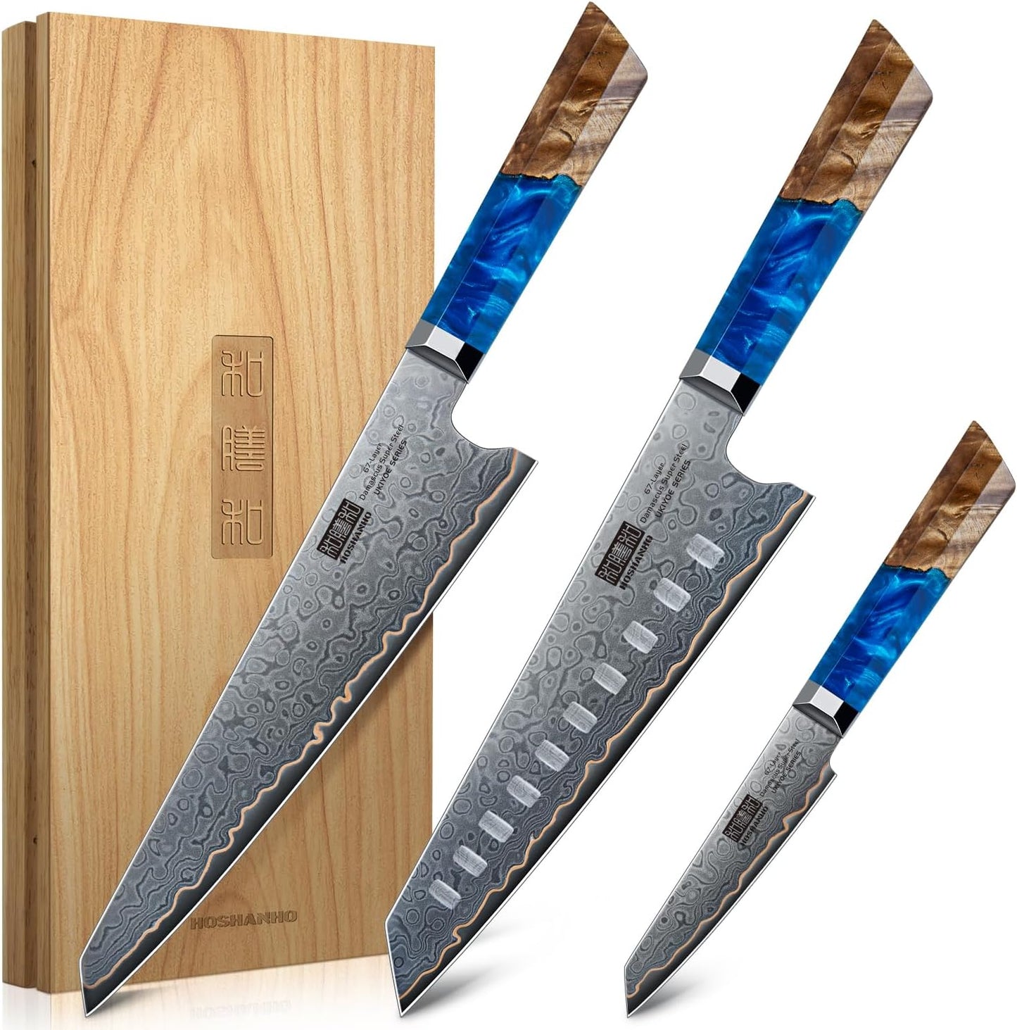 7" Damascus Santoku Knife, 67-Layer Damascus Kitchen Chef Knife | Ultra Sharp Professional Kitchen Knives with Ergonomic Blue Resin Stabilized Wood Handle and Wood Gift Box
