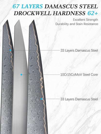 7" Damascus Santoku Knife, 67-Layer Damascus Kitchen Chef Knife | Ultra Sharp Professional Kitchen Knives with Ergonomic Blue Resin Stabilized Wood Handle and Wood Gift Box