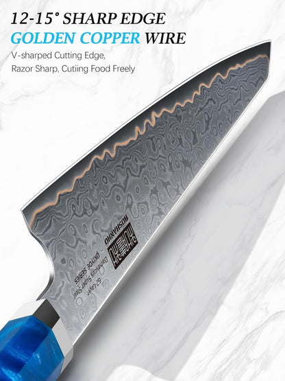 7" Damascus Santoku Knife, 67-Layer Damascus Kitchen Chef Knife | Ultra Sharp Professional Kitchen Knives with Ergonomic Blue Resin Stabilized Wood Handle and Wood Gift Box