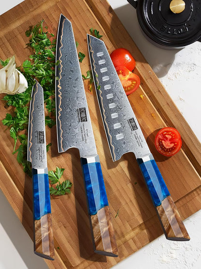 7" Damascus Santoku Knife, 67-Layer Damascus Kitchen Chef Knife | Ultra Sharp Professional Kitchen Knives with Ergonomic Blue Resin Stabilized Wood Handle and Wood Gift Box