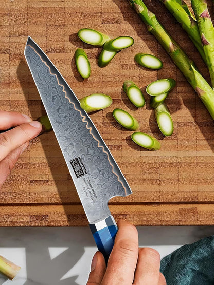 7" Damascus Santoku Knife, 67-Layer Damascus Kitchen Chef Knife | Ultra Sharp Professional Kitchen Knives with Ergonomic Blue Resin Stabilized Wood Handle and Wood Gift Box