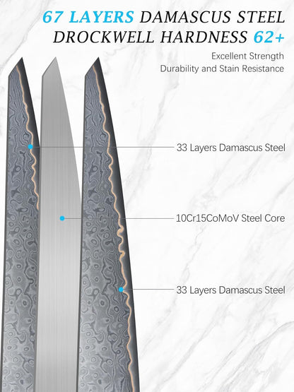 7" Damascus Santoku Knife, 67-Layer Damascus Kitchen Chef Knife | Ultra Sharp Professional Kitchen Knives with Ergonomic Blue Resin Stabilized Wood Handle and Wood Gift Box