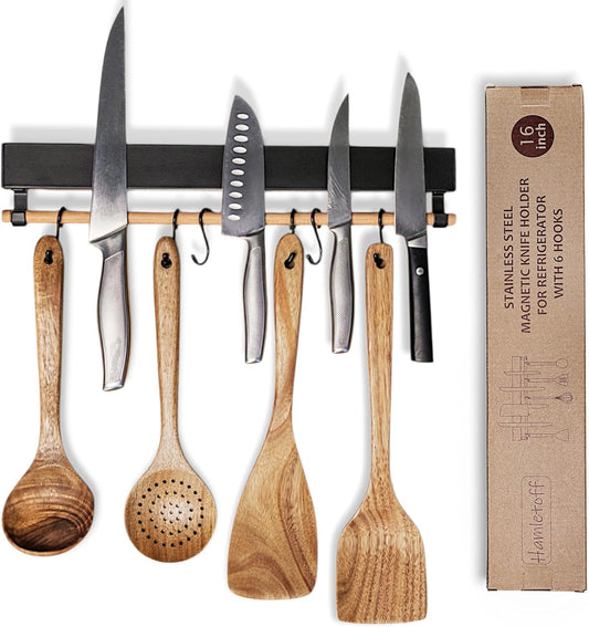 Premium Magnetic Knife Holder for Refrigerator with Hooks – 16 Inch Professional Double Sided Black Magnetic Knife Strip and utensil hanger for Fridge-Stainless Steel Magnet Knife Bar Wall