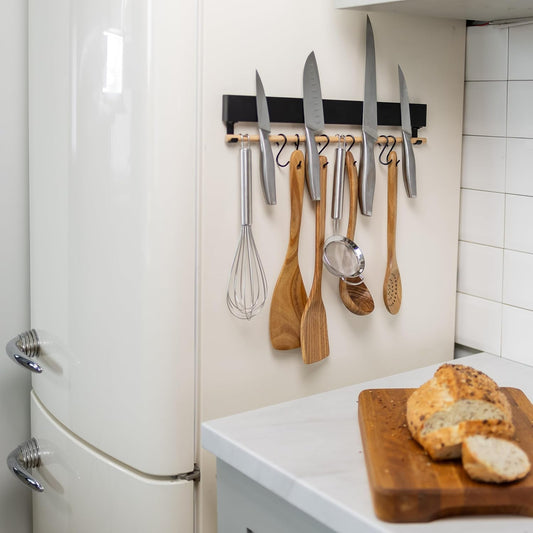 Premium Magnetic Knife Holder for Refrigerator with Hooks – 16 Inch Professional Double Sided Black Magnetic Knife Strip and utensil hanger for Fridge-Stainless Steel Magnet Knife Bar Wall