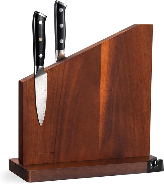 Magnetic Knife Holder with Built-in Sharpener, 100% Acacia Wood Magnetic Knife Block without Knives, Strong Double-Sided Magnetic Knife Holder for Kitchen Countertop Organization, Dark Wood