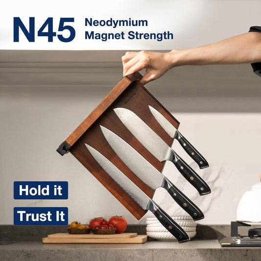 Magnetic Knife Holder with Built-in Sharpener, 100% Acacia Wood Magnetic Knife Block without Knives, Strong Double-Sided Magnetic Knife Holder for Kitchen Countertop Organization, Dark Wood