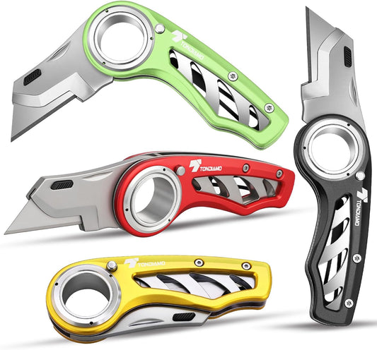 4 Pcs Folding Pocket Utility Knife Heavy Duty Box Cutter Folding Razor Knife with Anti Slip Finger Loop Easy Change Blades 3 Lock Positions Design (Yellow,Red,Black,Green)