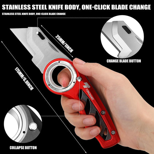 4 Pcs Folding Pocket Utility Knife Heavy Duty Box Cutter Folding Razor Knife with Anti Slip Finger Loop Easy Change Blades 3 Lock Positions Design (Yellow,Red,Black,Green)