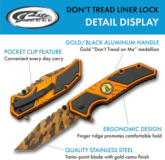 SZCO 7.5" Gold Camo Don’t Tread On Me Folding Pocketknife With Pocket Clip
