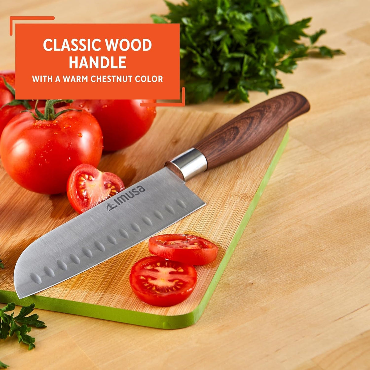 IMUSA 6 Inch Chef Stainless Steel Santoku Knife with Woodlook Handle