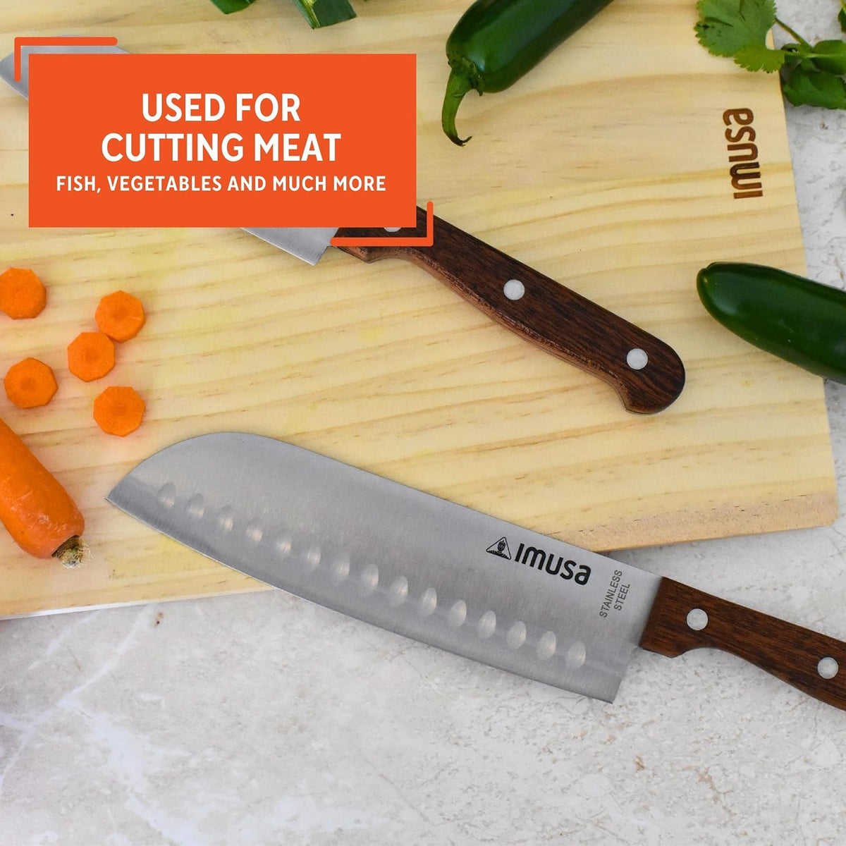 IMUSA 6 Inch Chef Stainless Steel Santoku Knife with Woodlook Handle