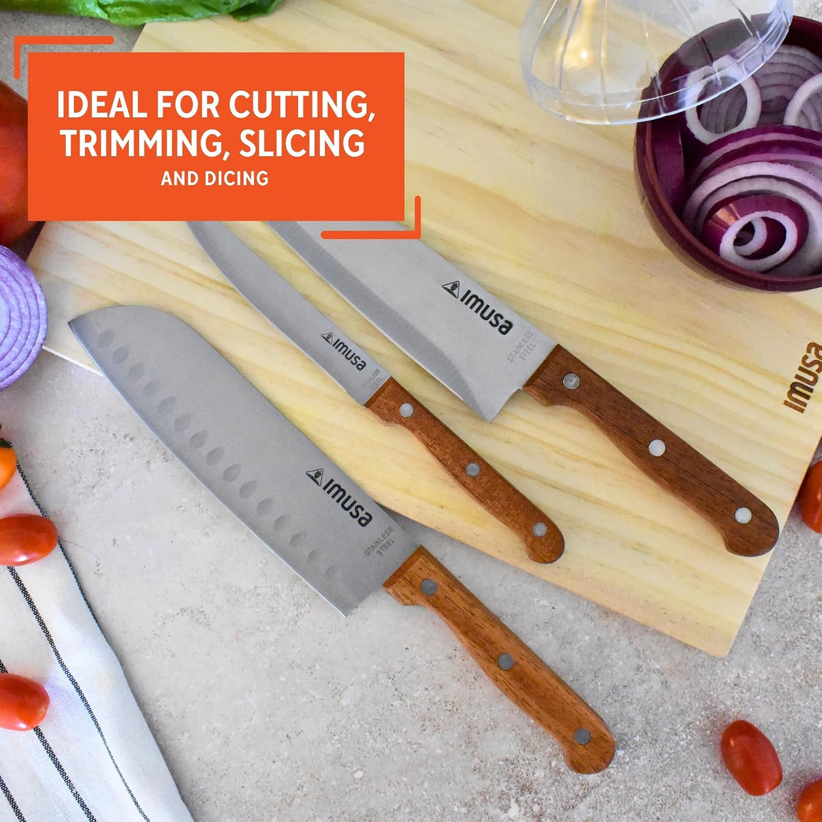 IMUSA 6 Inch Chef Stainless Steel Santoku Knife with Woodlook Handle