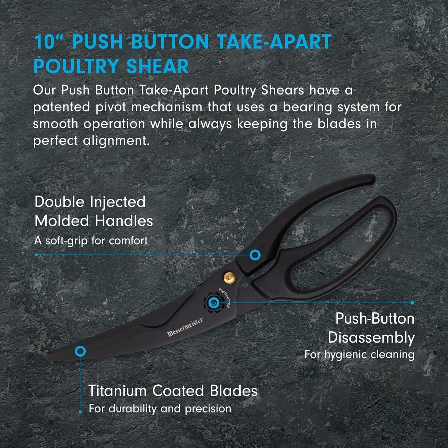10-Inch Push Button Take-Apart Poultry Shears, Titanium Black - High-Carbon Stainless Steel & Soft-Grip Handles - Includes Nut Cracker & Bottle Opener