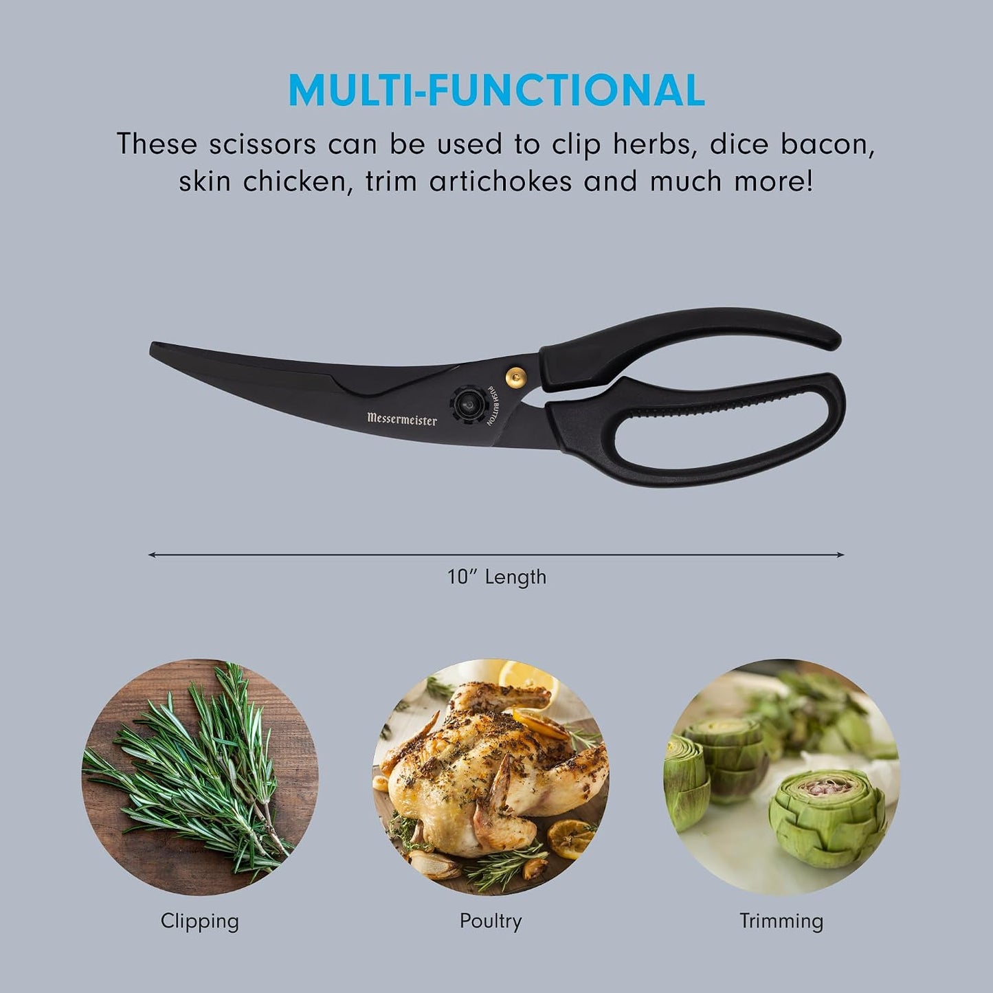 10-Inch Push Button Take-Apart Poultry Shears, Titanium Black - High-Carbon Stainless Steel & Soft-Grip Handles - Includes Nut Cracker & Bottle Opener