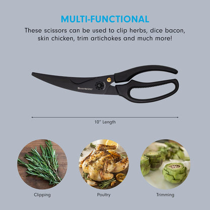 10-Inch Push Button Take-Apart Poultry Shears, Titanium Black - High-Carbon Stainless Steel & Soft-Grip Handles - Includes Nut Cracker & Bottle Opener