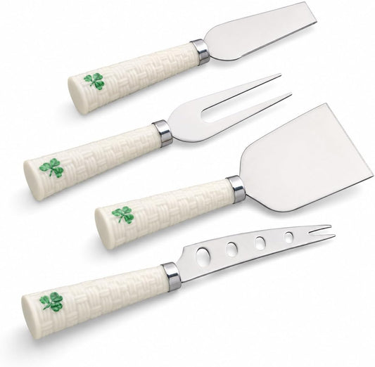 Shamrock Cheese Knives, Set of 4 | Iconic Basketweave Pattern, Parian China, Stainless Steel
