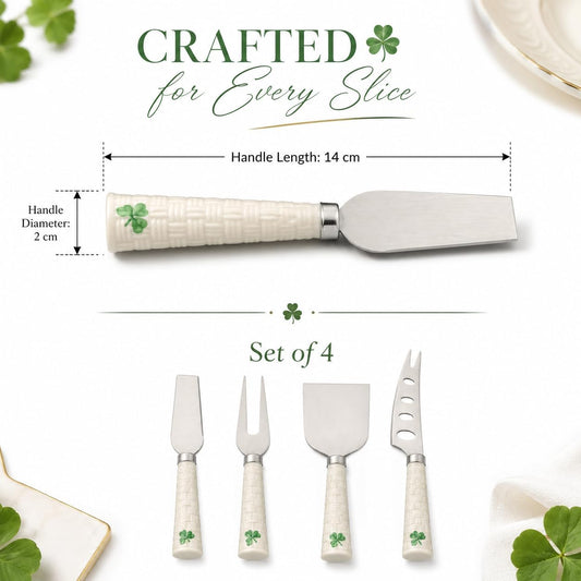 Shamrock Cheese Knives, Set of 4 | Iconic Basketweave Pattern, Parian China, Stainless Steel