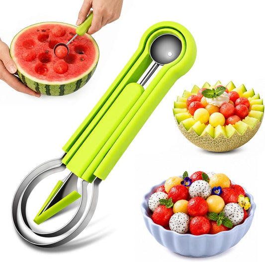 Suuker 4 in 1 Melon Baller Scoop Set, Green | Stainless Steel, Fruit Cutters Shapes, Watermelon Scooper and Baller, Fruit Carving Tools